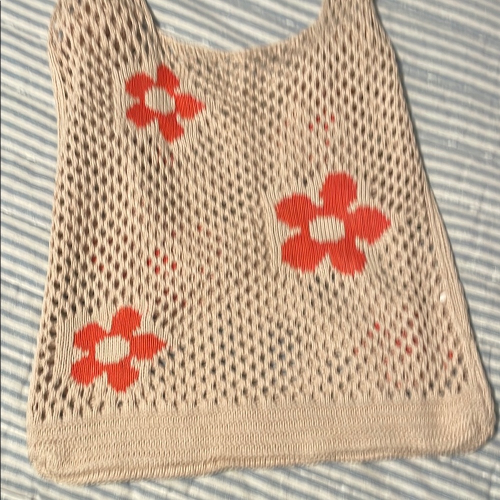 Beige Knit Tank Top with Red Floral Design